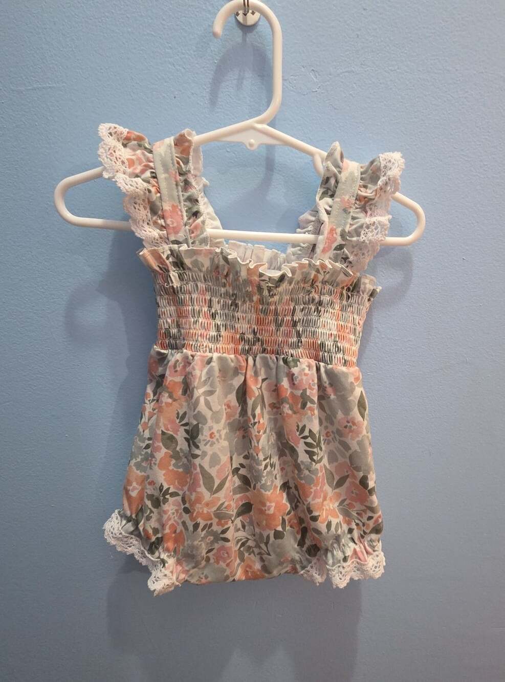Abby & Evie Floral Romper Size 9M Lace Trim Shirred